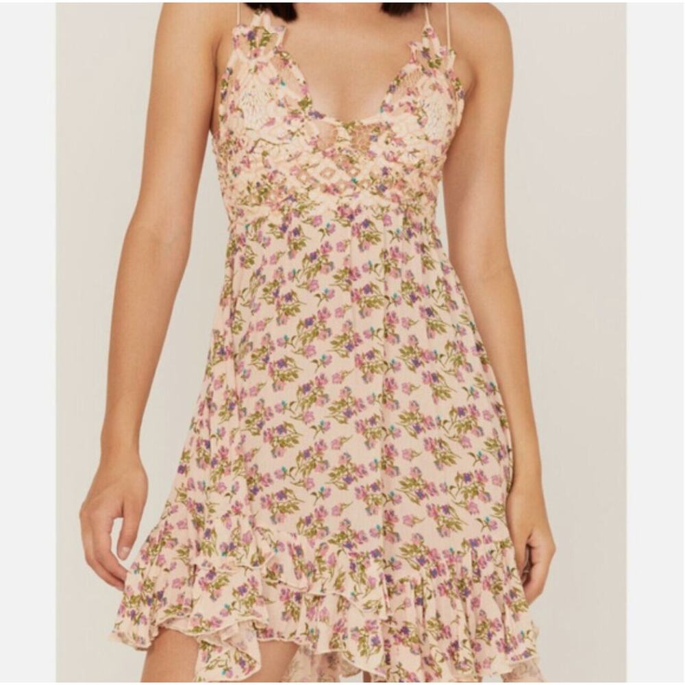 Free People FP One Adella Floral Mini Slip Dress Lace Ruffle Summer Smocked Sz S